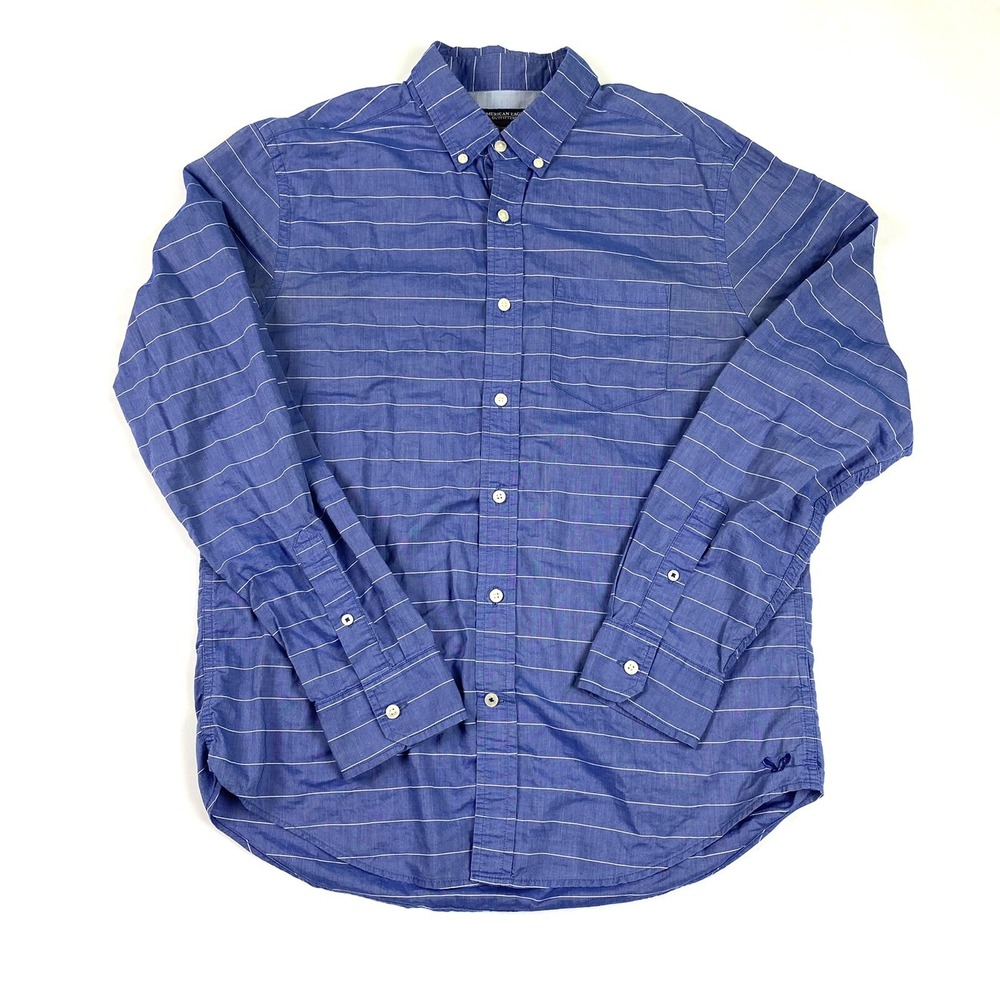 American Eagle Outfitters Shirt Men Medium Button Front Blue Stripe Athletic Fit - Picture 6 of 8